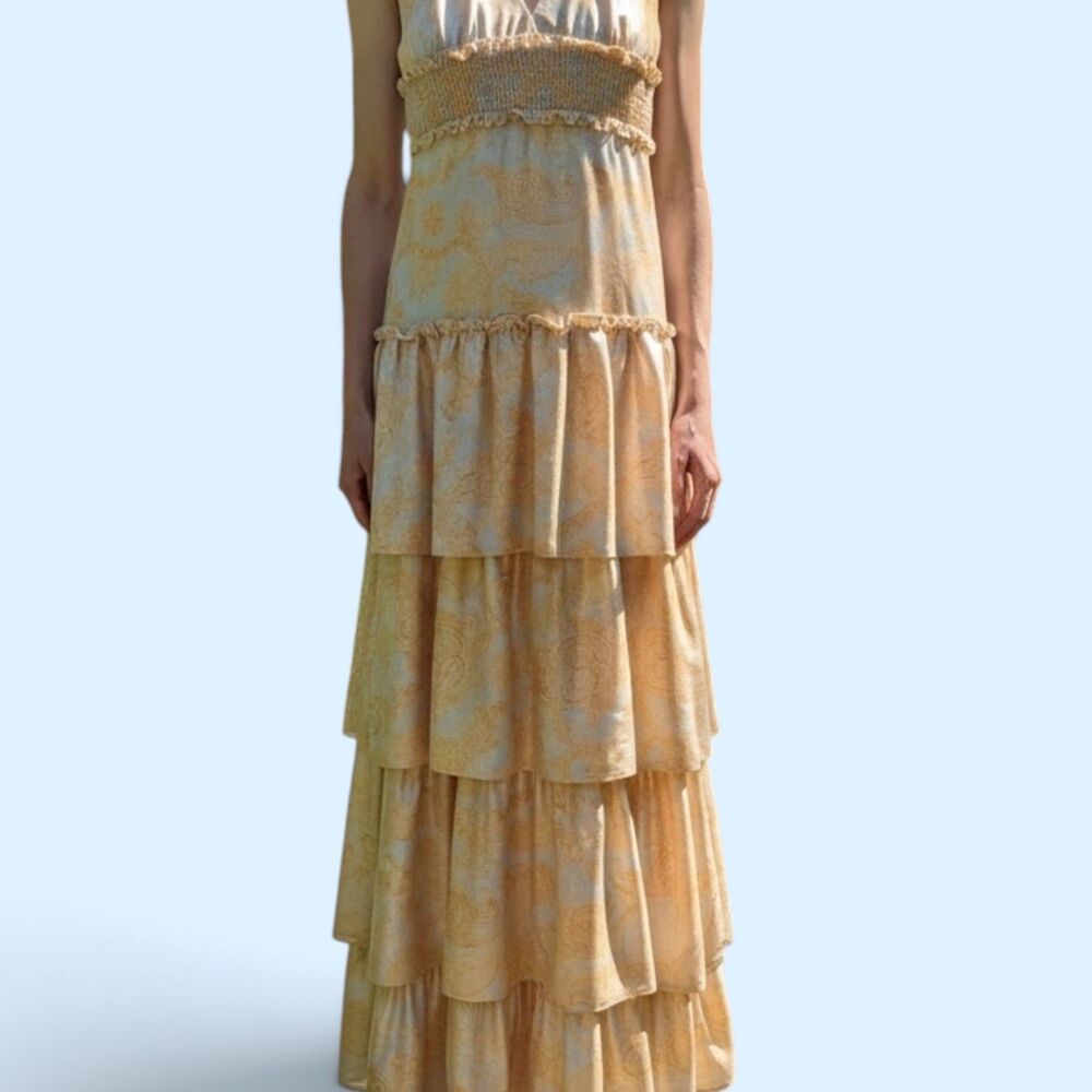 Likely Tiered Halter Maxi Dress Women’s Size 4 Cream Gold Smocked Formal Dress